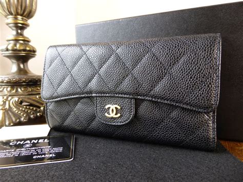 Chanel Black Quilted Caviar Classic Long Flap Wallet Gold 